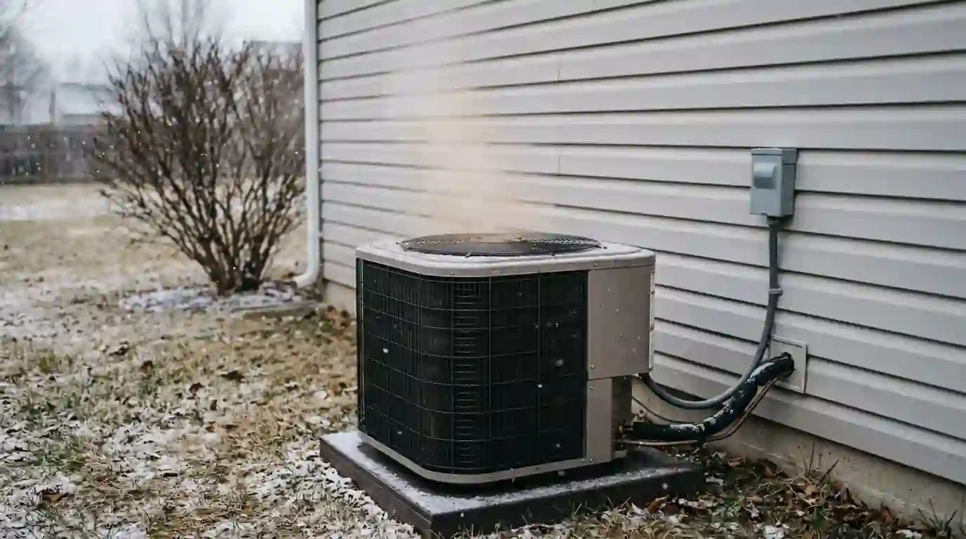 Outdoor heat pump running in light snow beside a vinyl-sided home in Fort Wayne, Indiana, steam rising during defrost