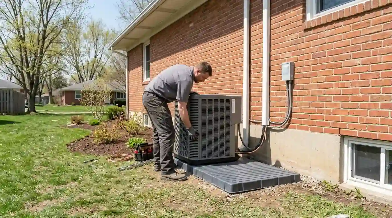 Landcons HVAC technician setting a new outdoor heat pump on a pad beside a brick ranch home in Fort Wayne, Indiana in spring