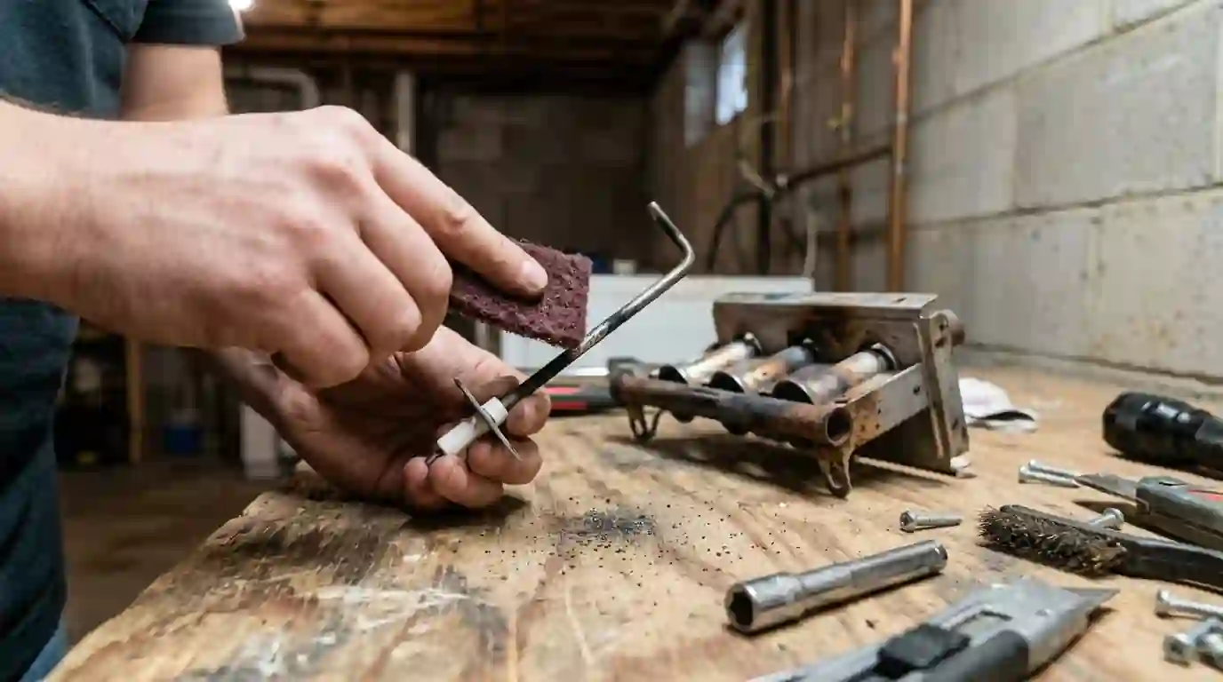 Close view of a technician cleaning a small furnace flame sensor rod with fine abrasive pad at a basement workbench in Indiana, removed burner assembly resting nearby.