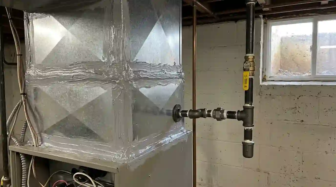 Close view of freshly sealed sheet metal plenum seams and a new gas shutoff valve with sediment trap beside a furnace in an Indiana basement, daylight from a window well.