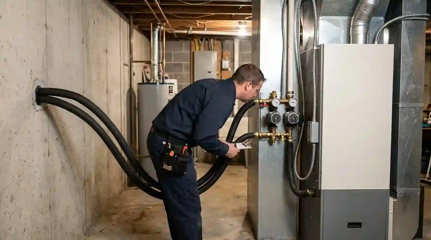A Landcons technician reads pressure gauges on a geothermal flow center mounted beside the heat pump cabinet in an Indiana basement, insulated loop pipes entering through the wall.