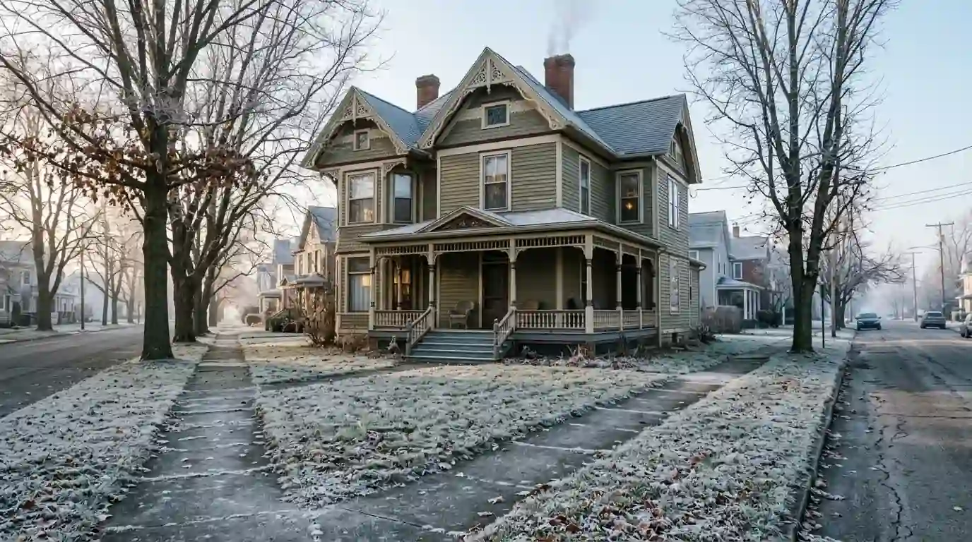 A Victorian-era frame house with a deep porch on a tree-lined street near historic downtown Wabash, Indiana, cold November morning with frost on the lawn