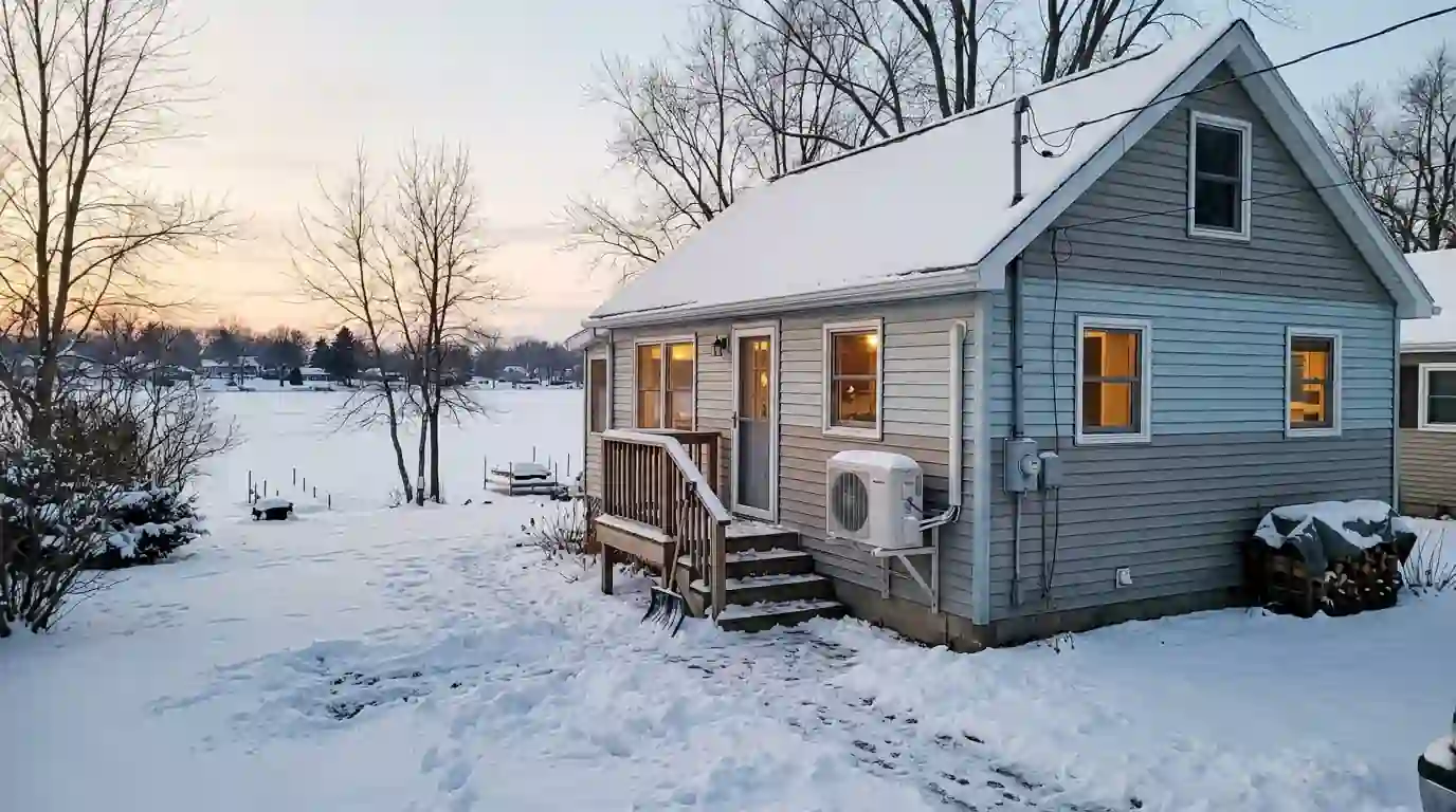 A small converted lake cottage in Noble County, Indiana, on a snowy late afternoon, frozen lake beyond the yard, wall-mounted heat pump unit beside the steps