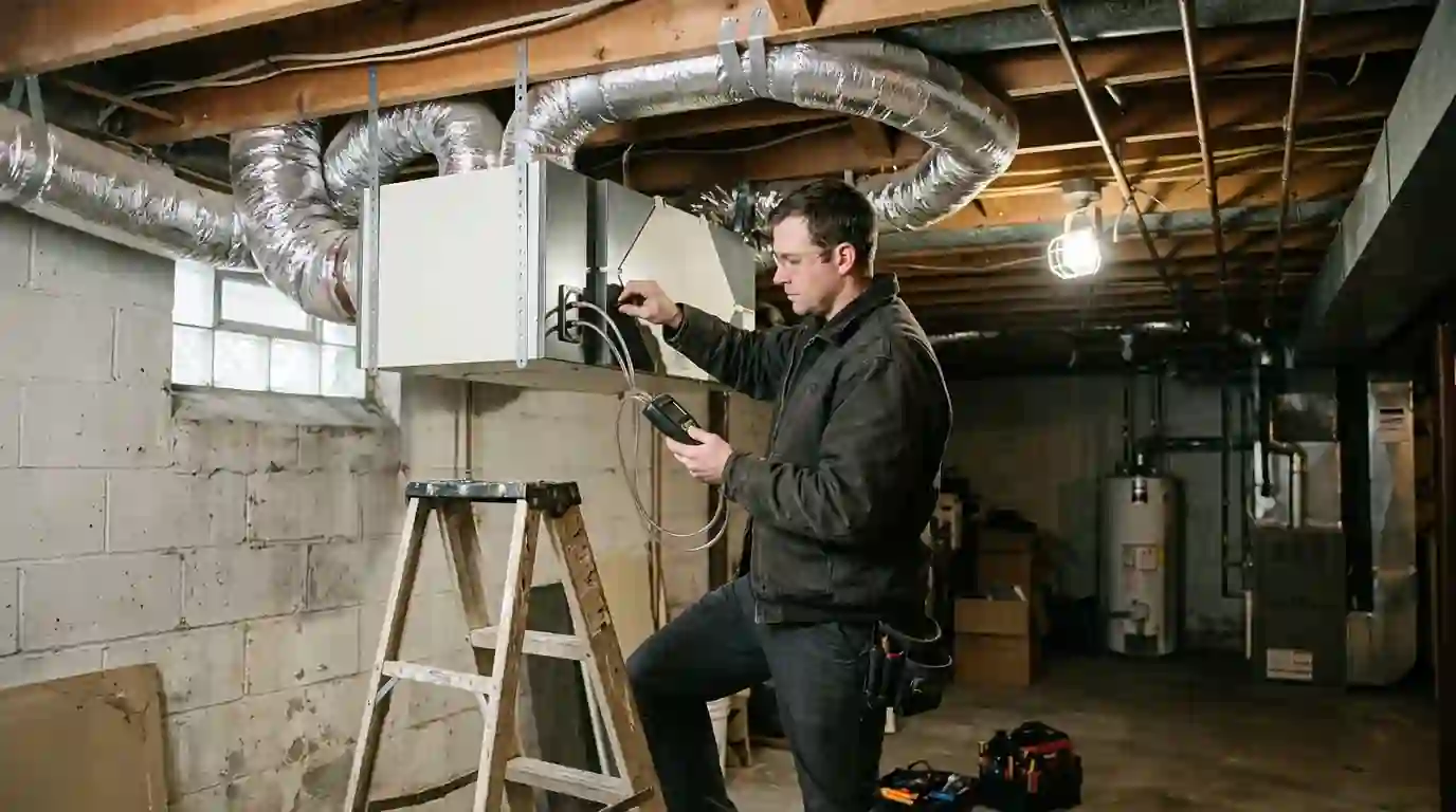 Landcons technician balancing airflow on an energy recovery ventilator hung from joists in an unfinished Fort Wayne basement, insulated ducts and flow gauge in hand