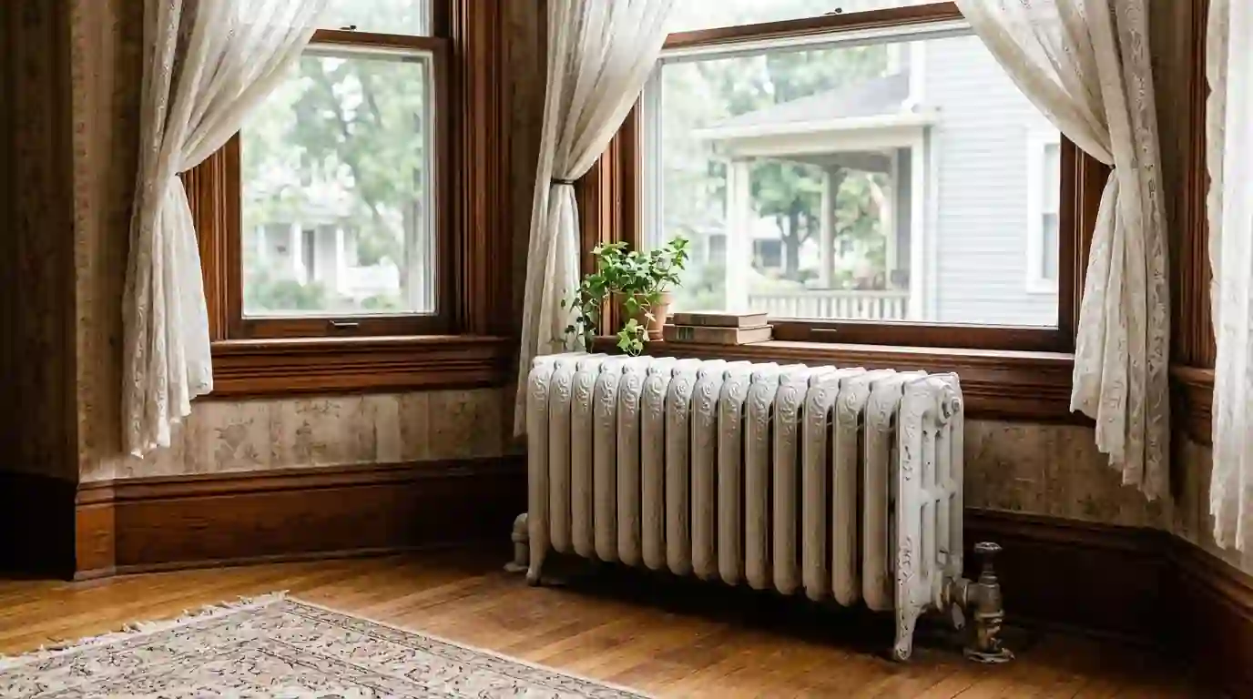 Cast iron radiator under a tall window with original woodwork in a Victorian home in West Central Fort Wayne, Indiana
