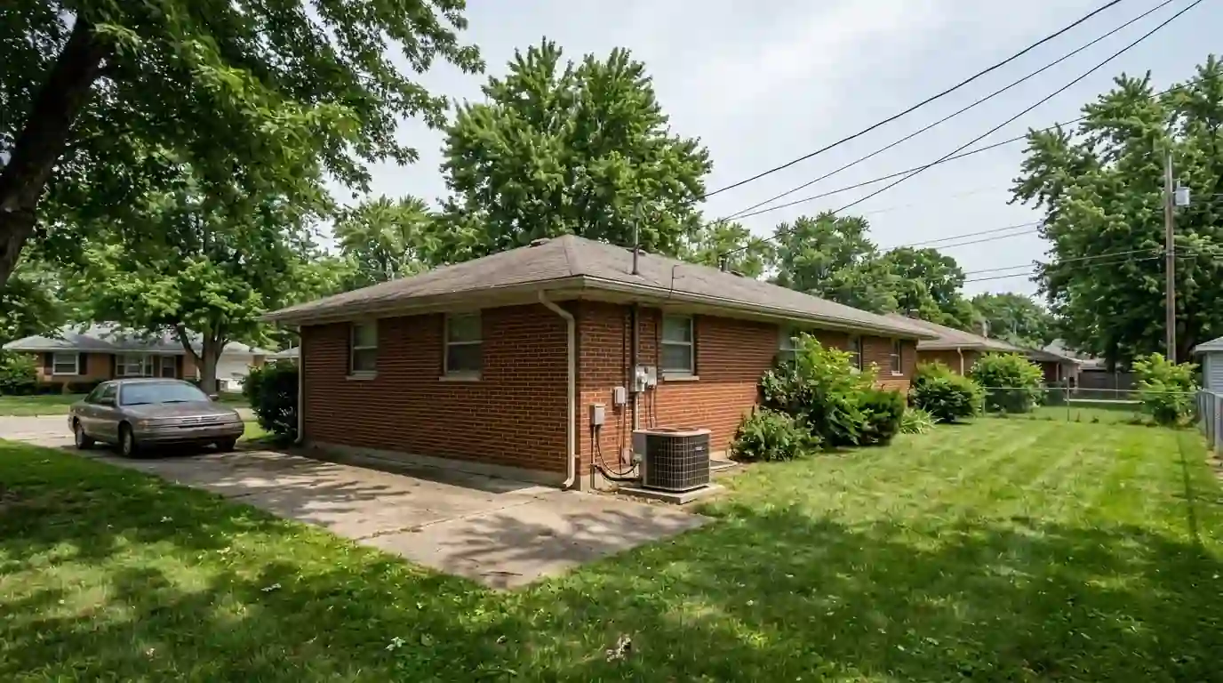 A mid-century brick ranch home with a central air condenser beside the driveway in Marion, Indiana, on a humid July afternoon, mature shade trees and a green lawn.
