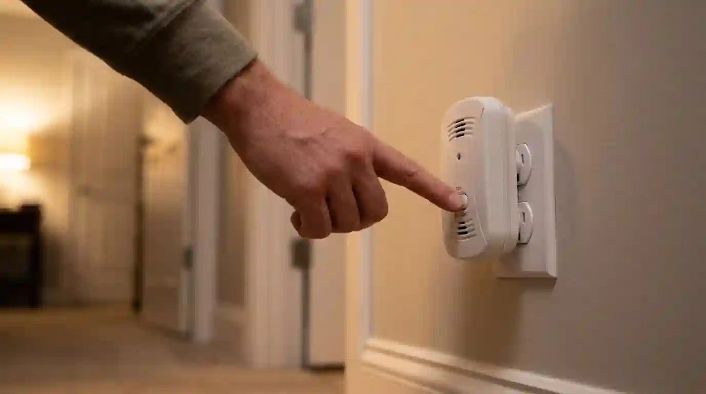 Hand pressing the test button on a plug-in carbon monoxide alarm in a hallway outside bedrooms of a Fort Wayne home, soft evening lamp light