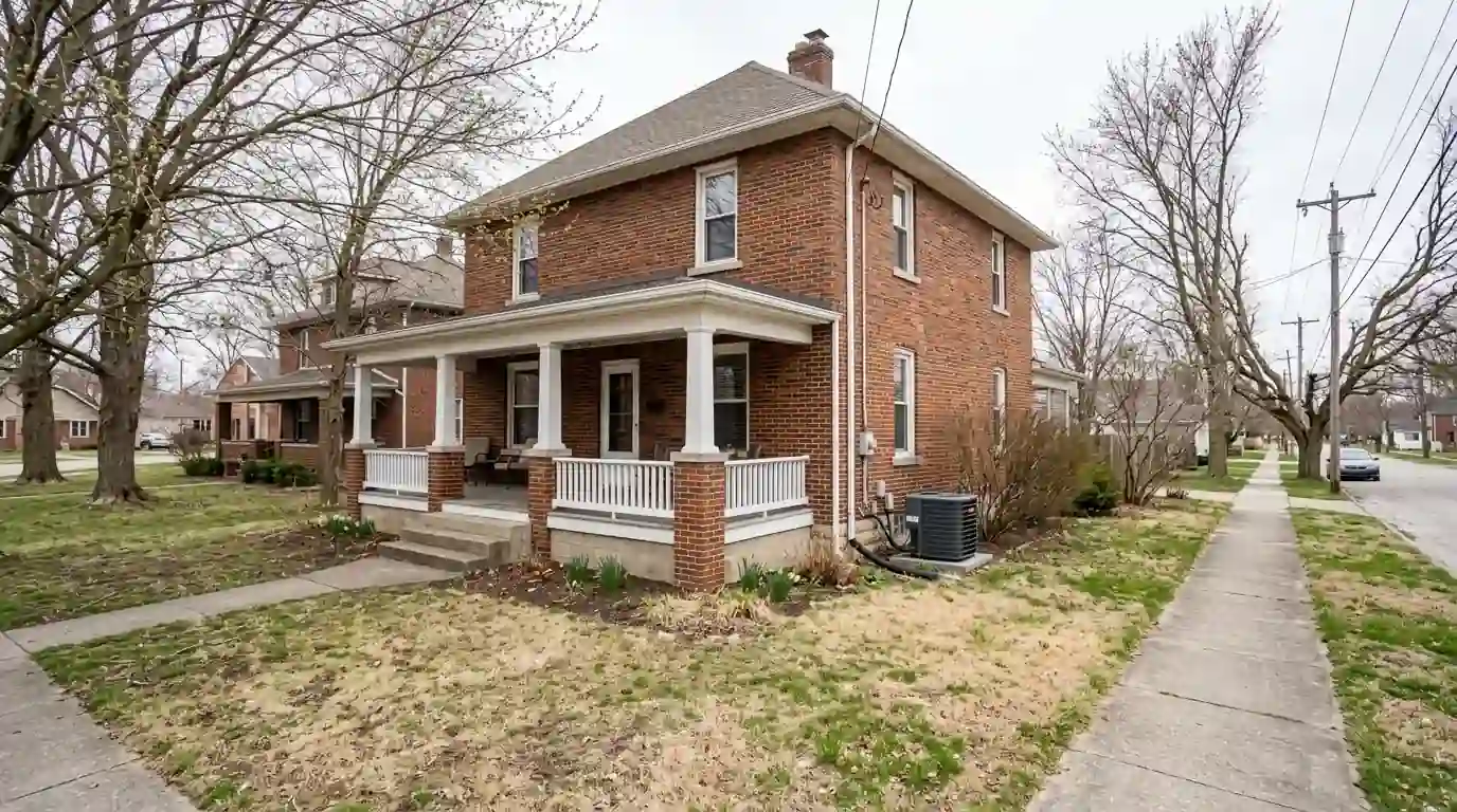 A two-story brick home with a front porch on a quiet street near downtown Van Wert, Ohio, early spring with budding trees and a condenser beside the house