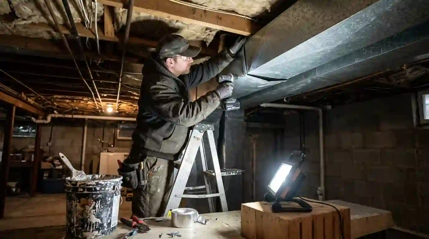 Landcons technician reconnecting a loose sheet metal duct joint above a basement ceiling in a Fort Wayne ranch home, drill and mastic bucket nearby, work light