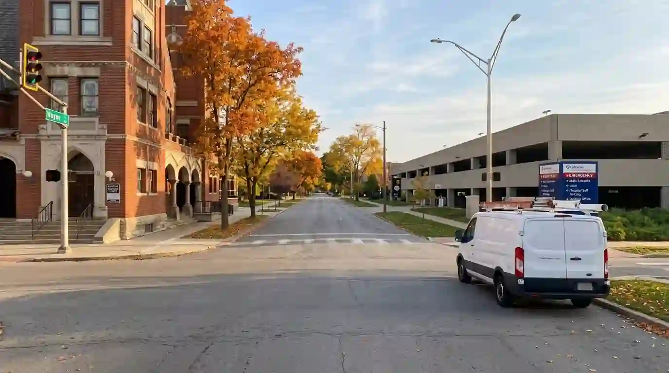 Landcons HVAC service van parked on West Wayne Street in downtown Fort Wayne, Indiana on a bright fall morning