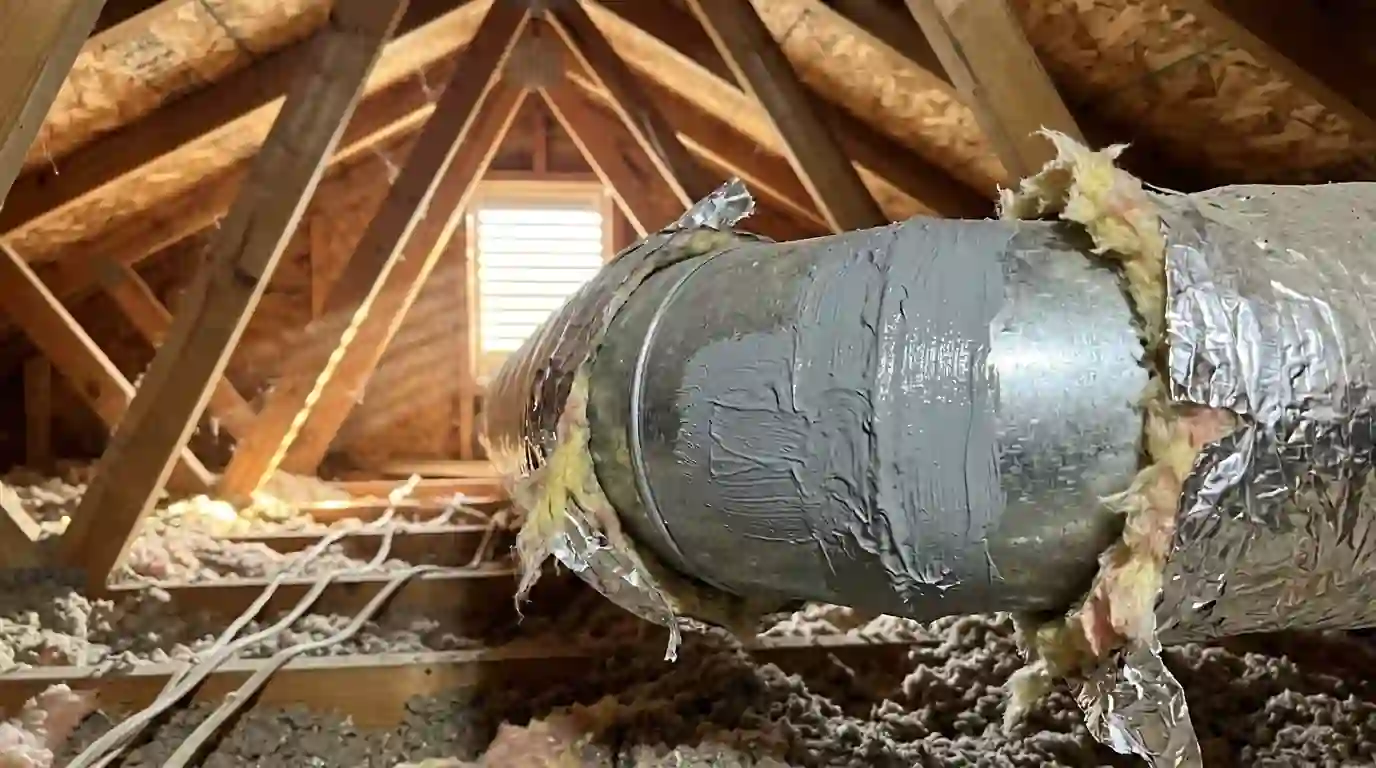 Close view of a gray mastic coating brushed over a round duct seam in an Indiana attic, fresh insulation wrap folded back, warm afternoon light through a gable vent