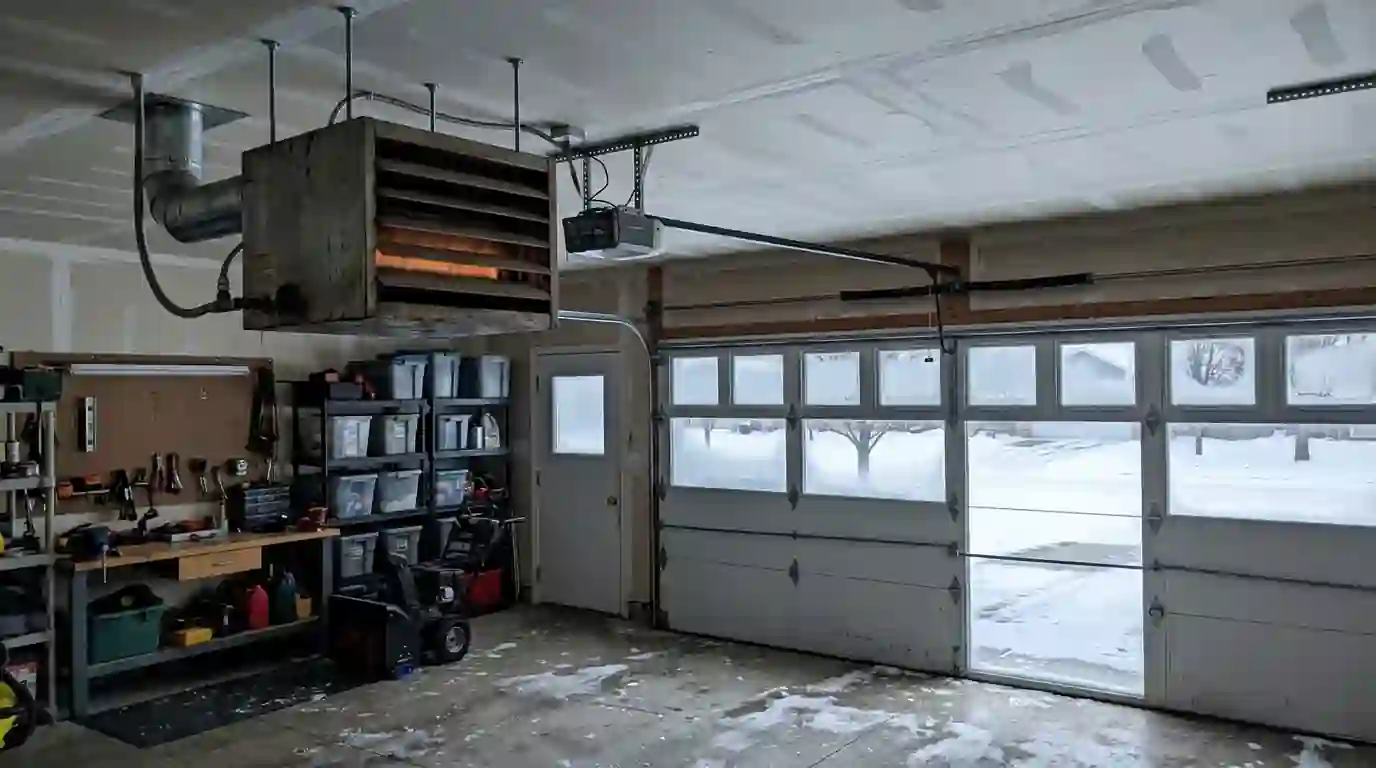 Ceiling-mounted gas unit heater glowing faintly in an insulated two-car garage in a Fort Wayne suburb, winter light through the door windows, snow outside.