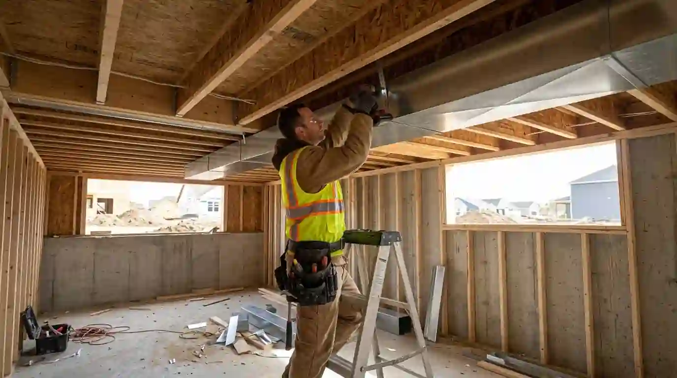 Landcons technician hanging a new galvanized supply trunk between open floor joists in a framed new home basement in a Huntertown subdivision, daylight through window openings