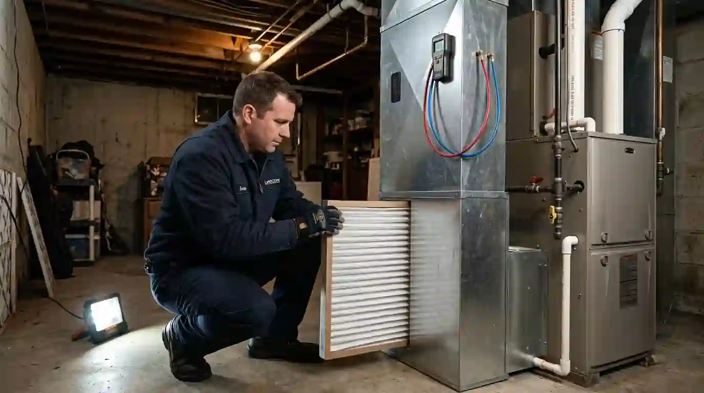 Landcons technician sliding a deep pleated media filter into a new cabinet beside a gas furnace in a Fort Wayne basement, manometer hoses attached to test ports