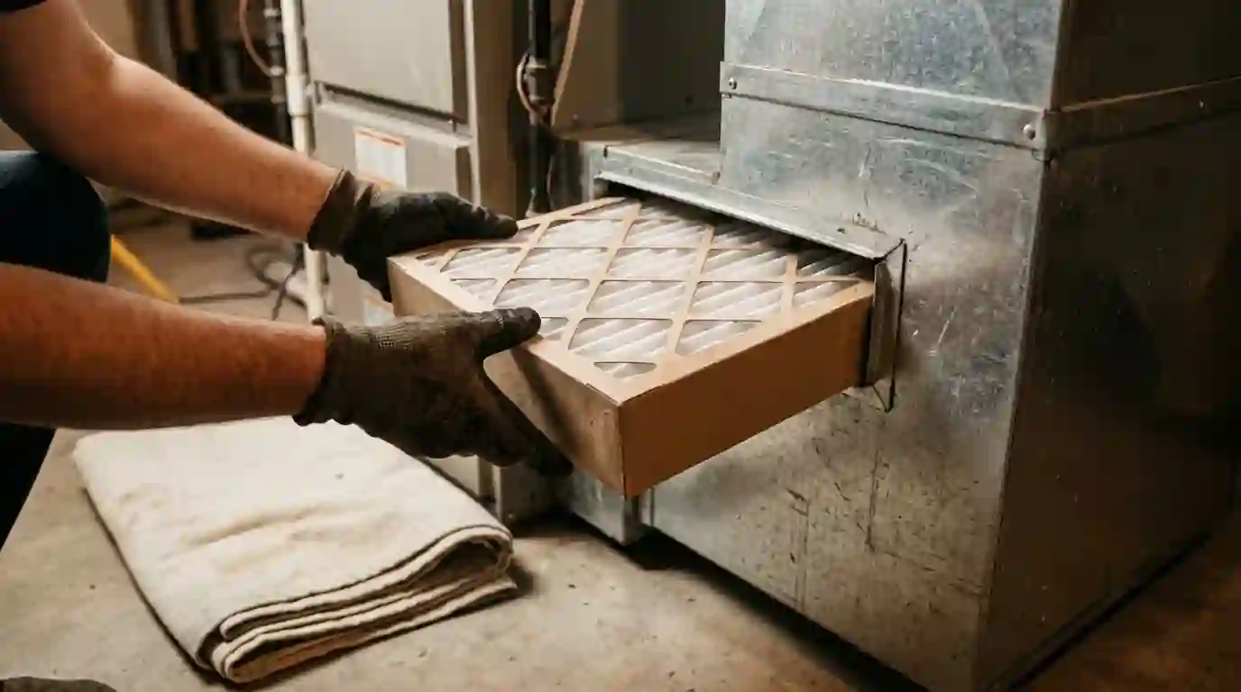 Landcons technician sliding a deep pleated media filter into a cabinet beside a basement furnace in an Indiana home, warm work light, folded drop cloth