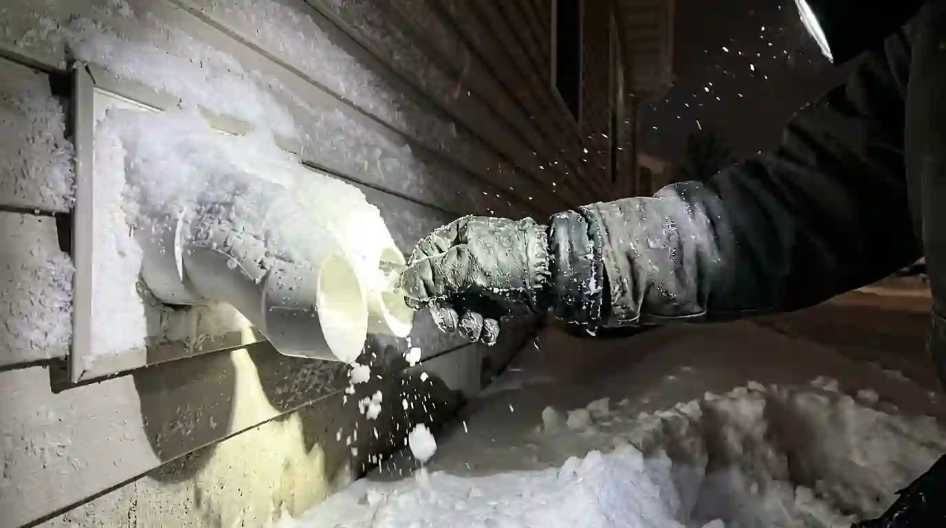A technician's hand clears packed snow from white PVC furnace vent pipes on the side of an Indiana house at night, flashlight beam lighting the drifts.