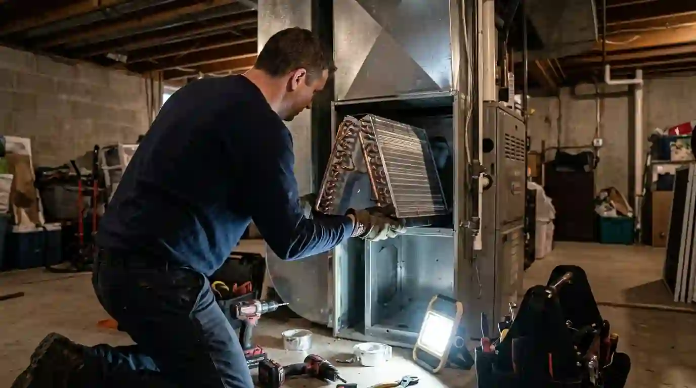 Landcons technician sliding a new A-shaped evaporator coil into the cabinet above a furnace in a Fort Wayne basement, work light, sheet metal plenum open.