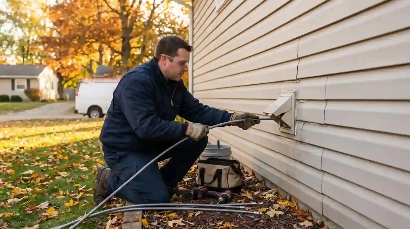 Landcons technician feeding a rotary brush into an exterior dryer vent hood on vinyl siding outside a Fort Wayne ranch home on a bright autumn morning