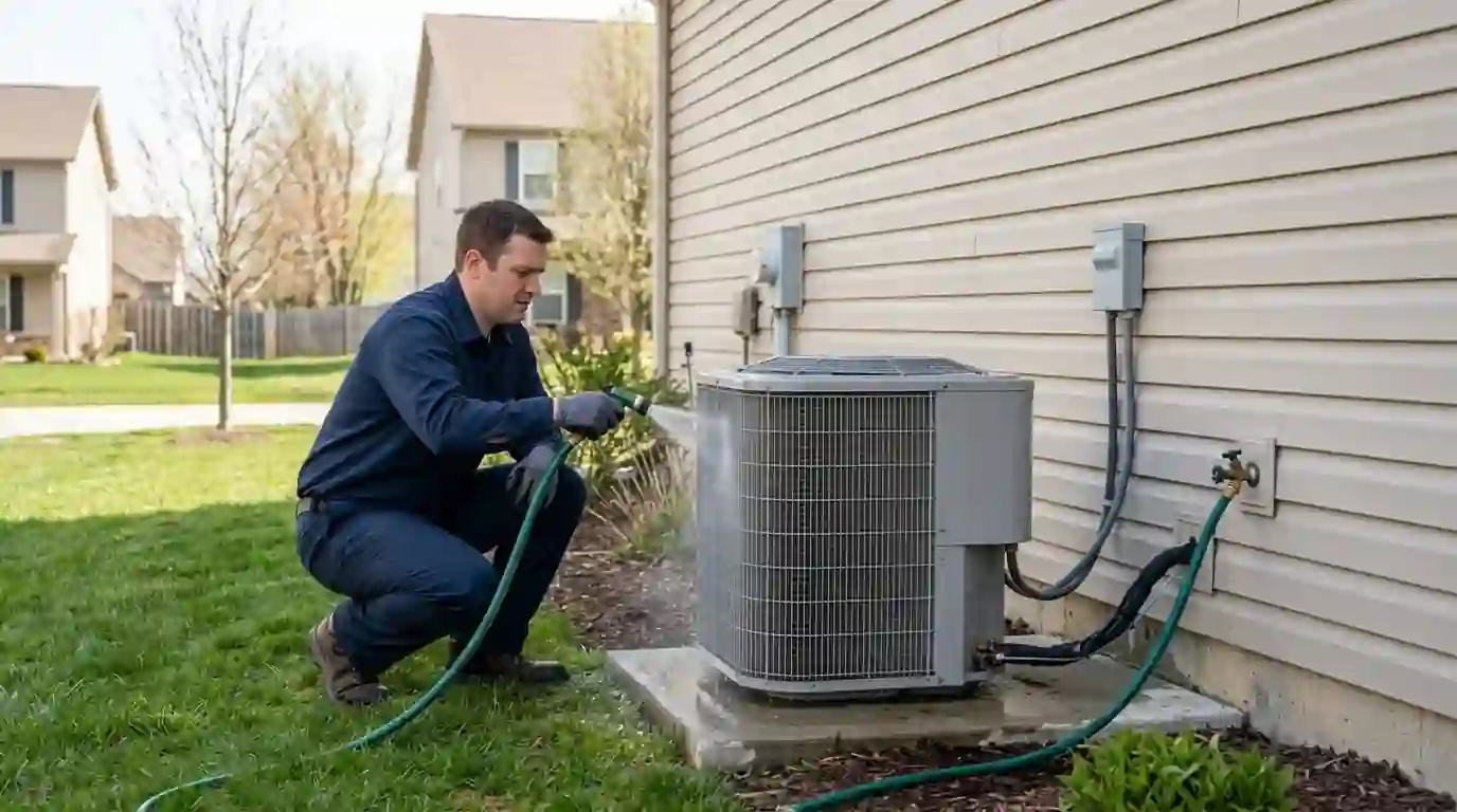 A newer two-story vinyl-sided home in an Avilla, Indiana subdivision, bright spring morning, a technician rinsing the outdoor air conditioner coil beside the house.