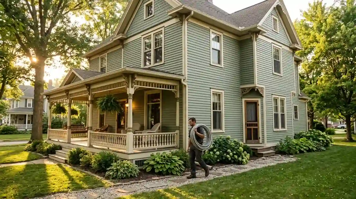 A restored early 1900s frame house with a deep front porch in the historic village of Winona Lake, Indiana, golden summer evening, a technician carrying coiled flexible tubing to the side door.