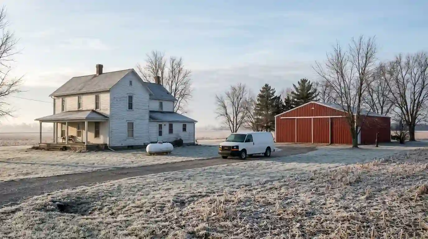 A white farmhouse with a propane tank and red pole barn outside Decatur, Indiana, early December frost on the fields, morning light, service van in the gravel drive.