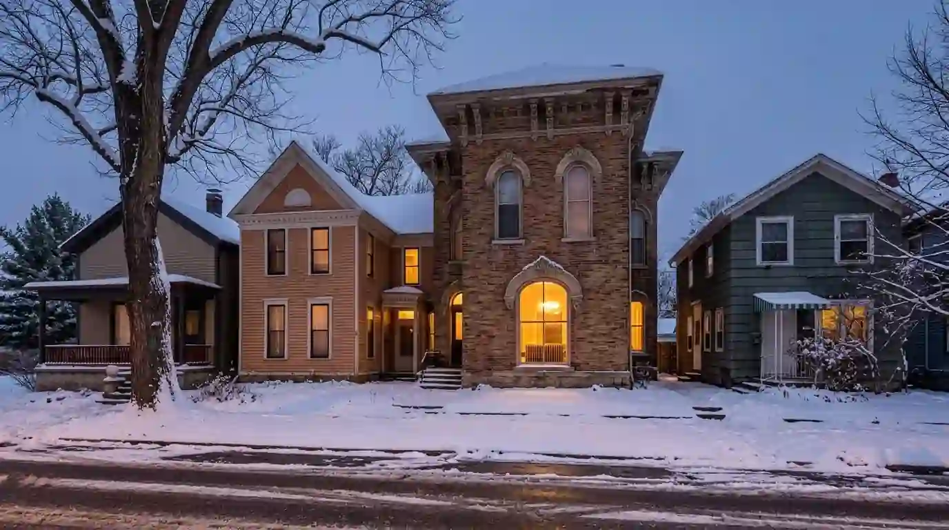 Tall brick Italianate home with arched windows and ornate cornices in West Central, Fort Wayne, snowy evening, a cast iron radiator glowing beside a front window.