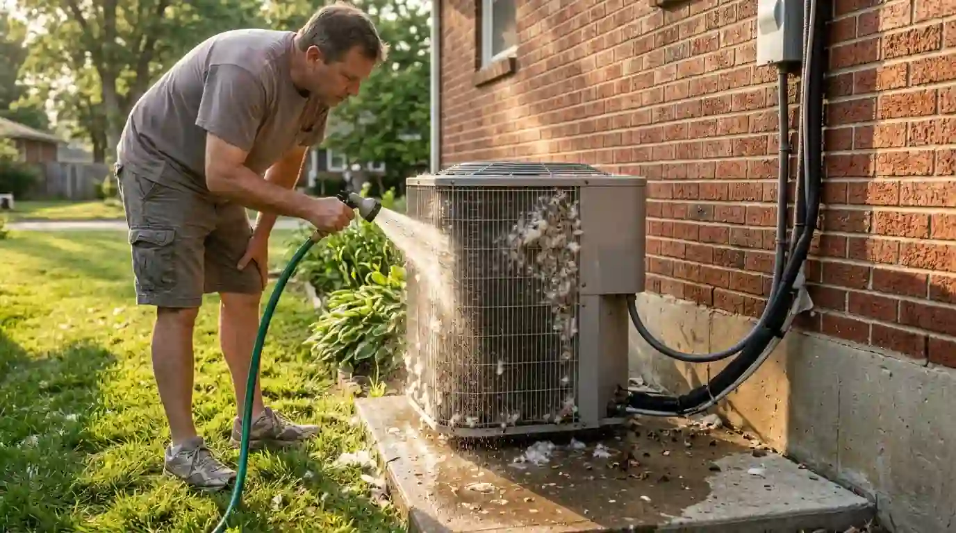 Homeowner rinsing cottonwood fluff from an outdoor AC coil with a garden hose beside a Fort Wayne brick ranch, late afternoon summer sun, green lawn