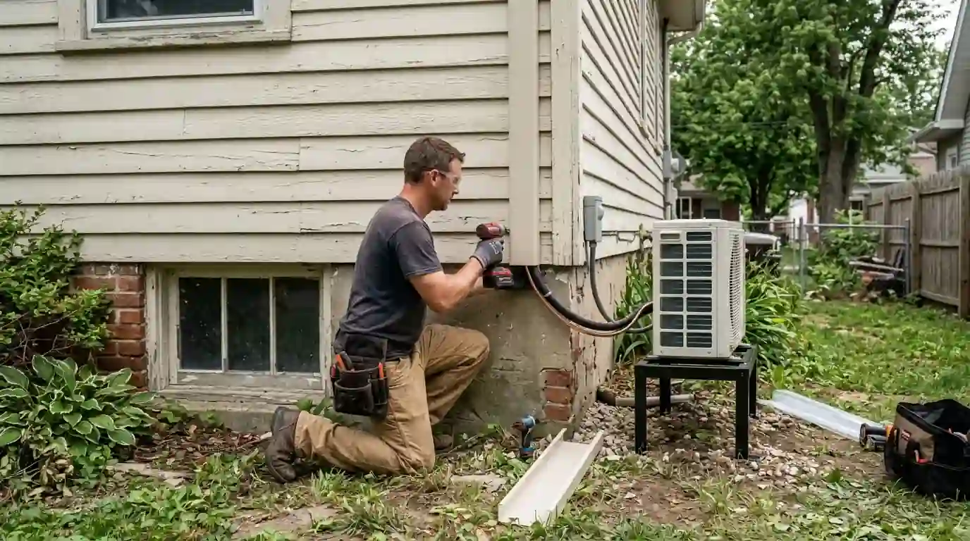 Landcons installer fastening a paintable line cover down the clapboard siding of an older Indiana house, small outdoor unit on a raised stand beside him.