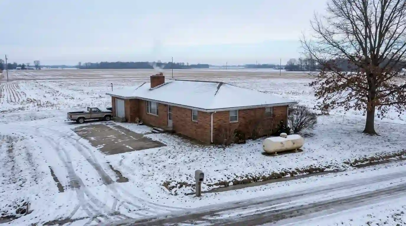 A single-story brick ranch house with a propane tank in the side yard at the edge of Portland, Indiana, open farm fields behind it on a cold January morning.