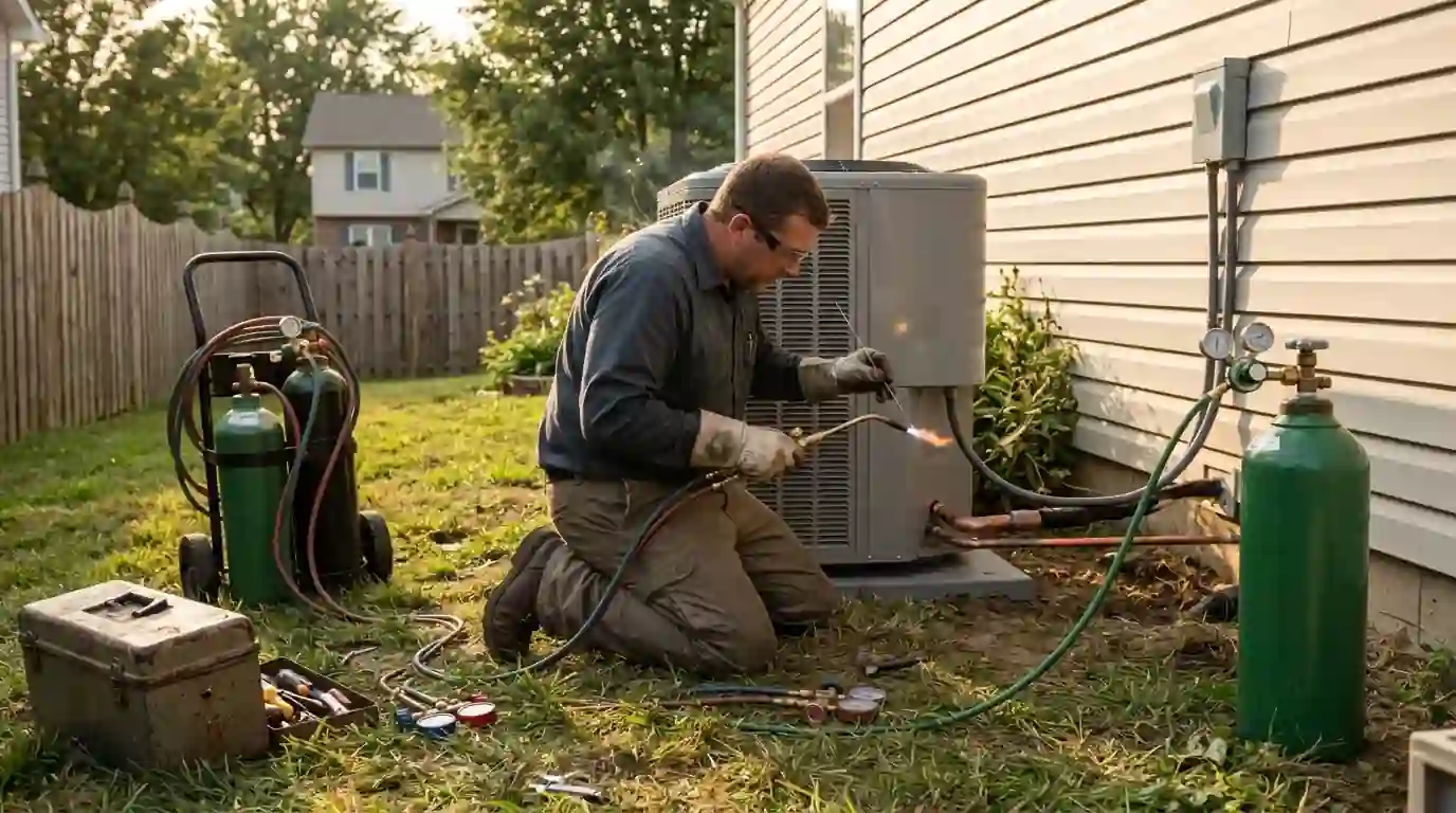 Technician brazing a copper refrigerant line with a torch and nitrogen hose beside a new condenser in an Indiana side yard, safety glasses, afternoon light.
