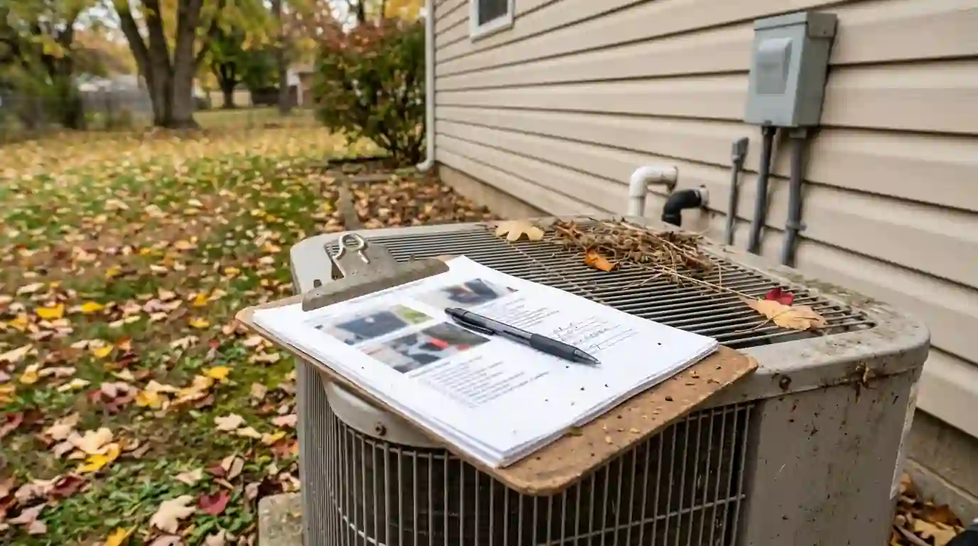 Clipboard with a printed HVAC condition report and photos resting on top of an outdoor condenser beside an Indiana ranch home, autumn leaves on the grass