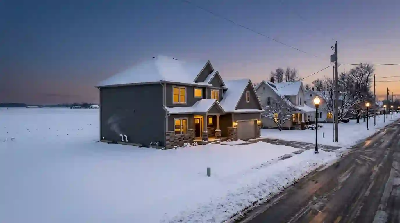 A newer two-story home with white PVC furnace vents on the side wall in Grabill, Indiana, fresh snow on the lawn and farm fields in the distance at dusk.