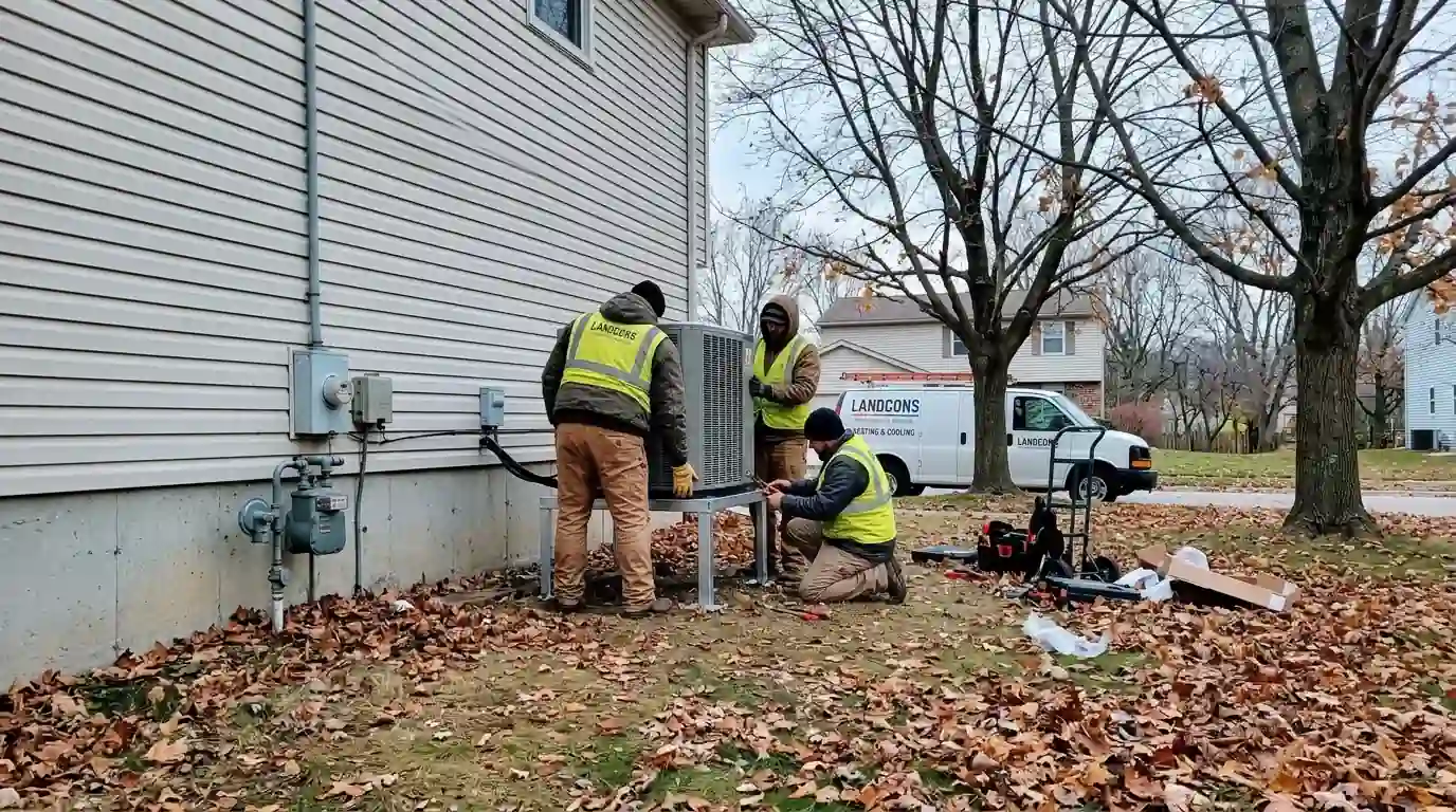 A Landcons crew sets a new outdoor heat pump on a raised stand beside a two-story Fort Wayne home in late autumn, bare maple trees and fallen leaves in the yard.