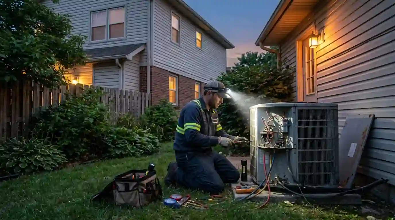 Landcons technician with a headlamp working on an outdoor AC unit beside a Fort Wayne two-story home at dusk, humid summer evening, porch light glowing.