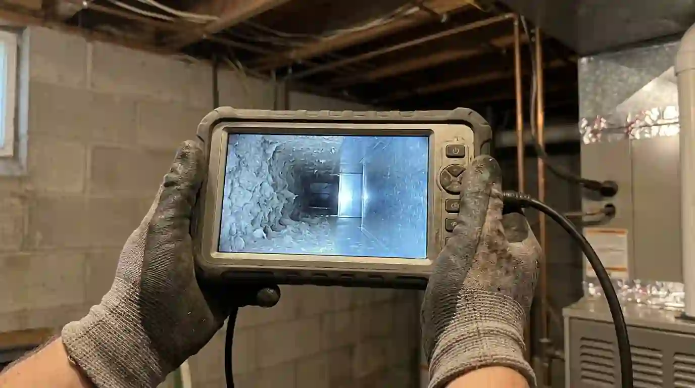Camera monitor showing the inside of a sheet metal duct coated in gray dust next to a clean section, held in a technician's hands in an Indiana basement