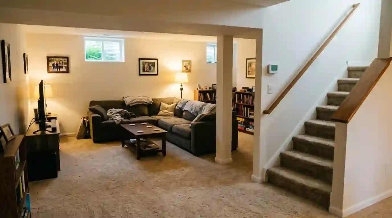 Finished basement family room in an Indiana home on a humid summer afternoon, dry carpet, small wall-mounted humidity control near the stairs, warm lamp light