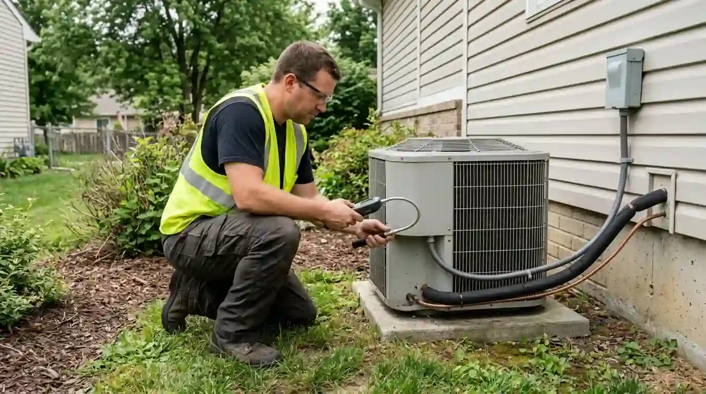 Landcons technician holding an electronic leak detector wand to a copper line set beside an outdoor AC unit at a Fort Wayne home, overcast summer day.