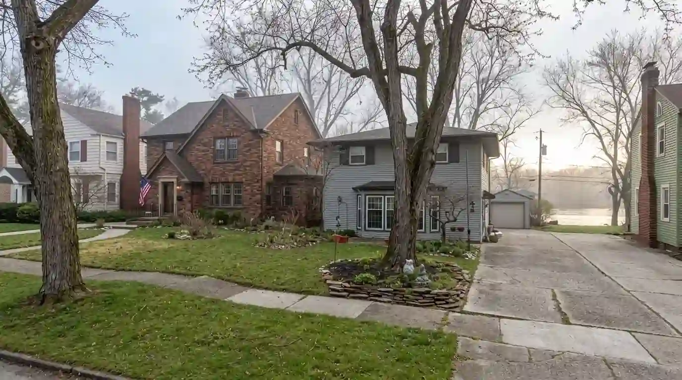 A 1930s brick house beside Foster Park in Fort Wayne, Indiana, on a misty spring morning, mature trees, the St. Marys River glinting behind the yard, no people