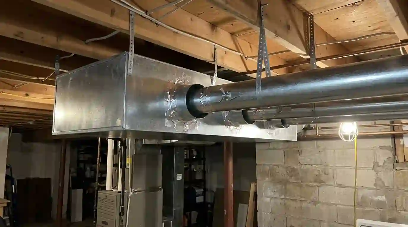 Neatly strapped rigid round duct branches with manual balancing dampers running off a sheet metal trunk in an Indiana basement, work light casting soft shadows