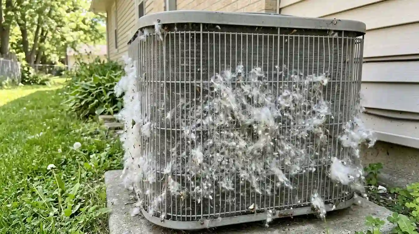 Close view of an outdoor condenser coil matted with white cottonwood fluff in an Indiana backyard, green lawn and early summer sunlight.