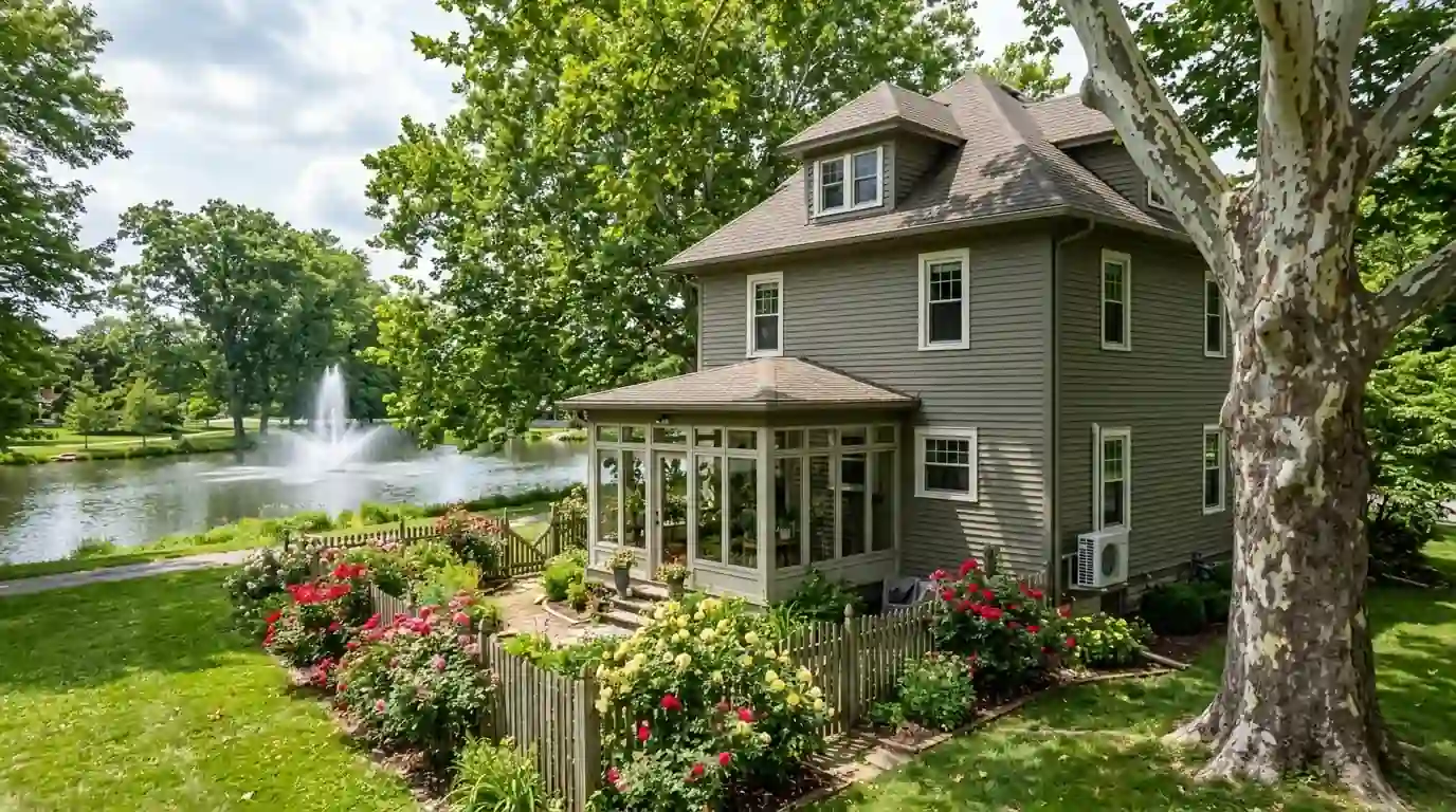 Early 1900s four-square home with a rear sunroom addition near the rose garden in Lakeside, Fort Wayne, July afternoon, roses blooming and a ductless unit on the side wall.