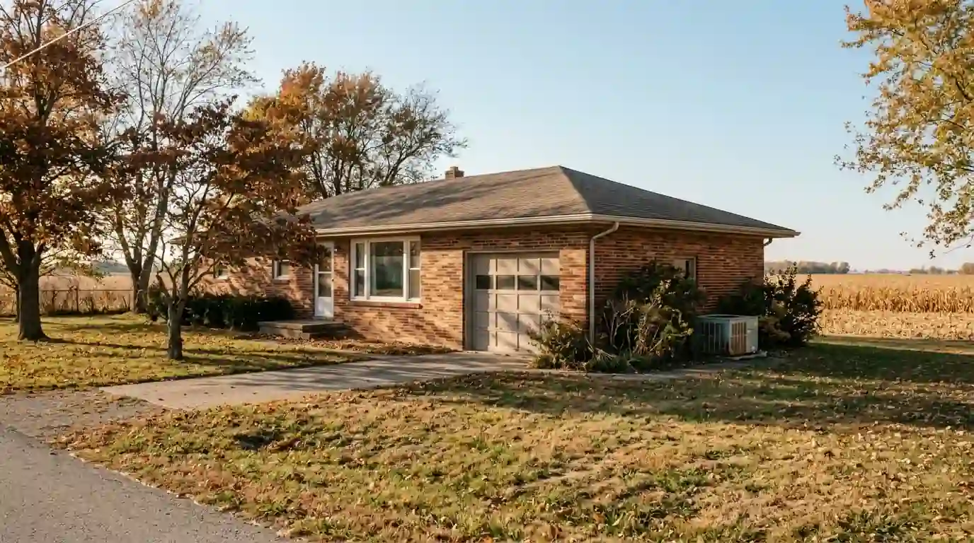 A 1950s brick ranch house in Bluffton, Indiana, Wells County, on a clear autumn afternoon, harvested cornfield in the distance, condenser beside the garage