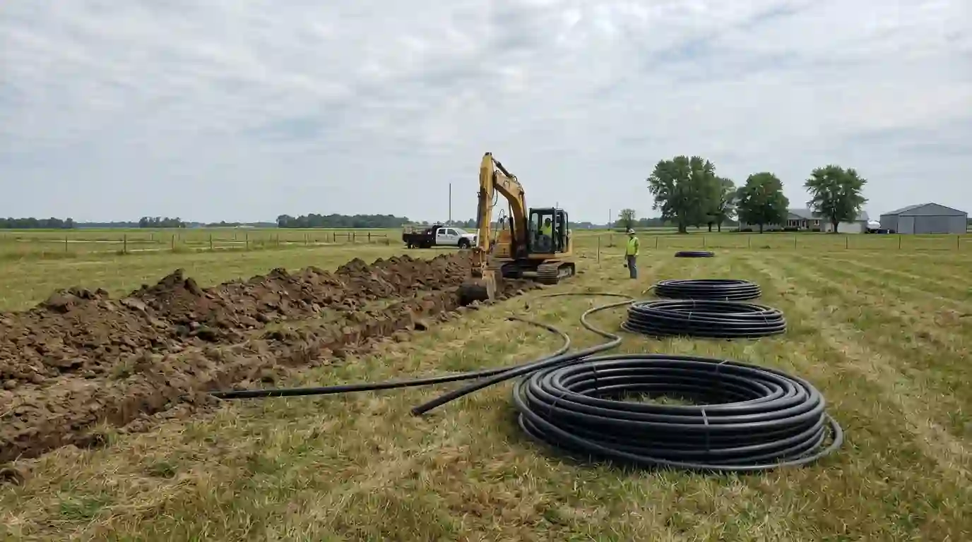 An excavator digs long horizontal trenches for a geothermal ground loop on a rural property near Fort Wayne, black polyethylene pipe coils laid out on the grass under a wide sky.
