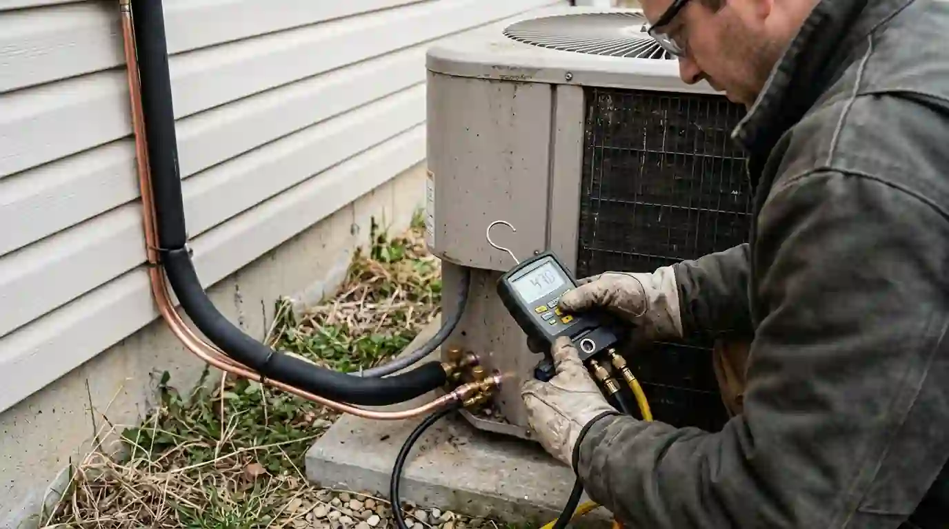 Close view of a technician reading a micron gauge connected to new copper line set at an outdoor heat pump in Indiana, insulated lines running along the siding.