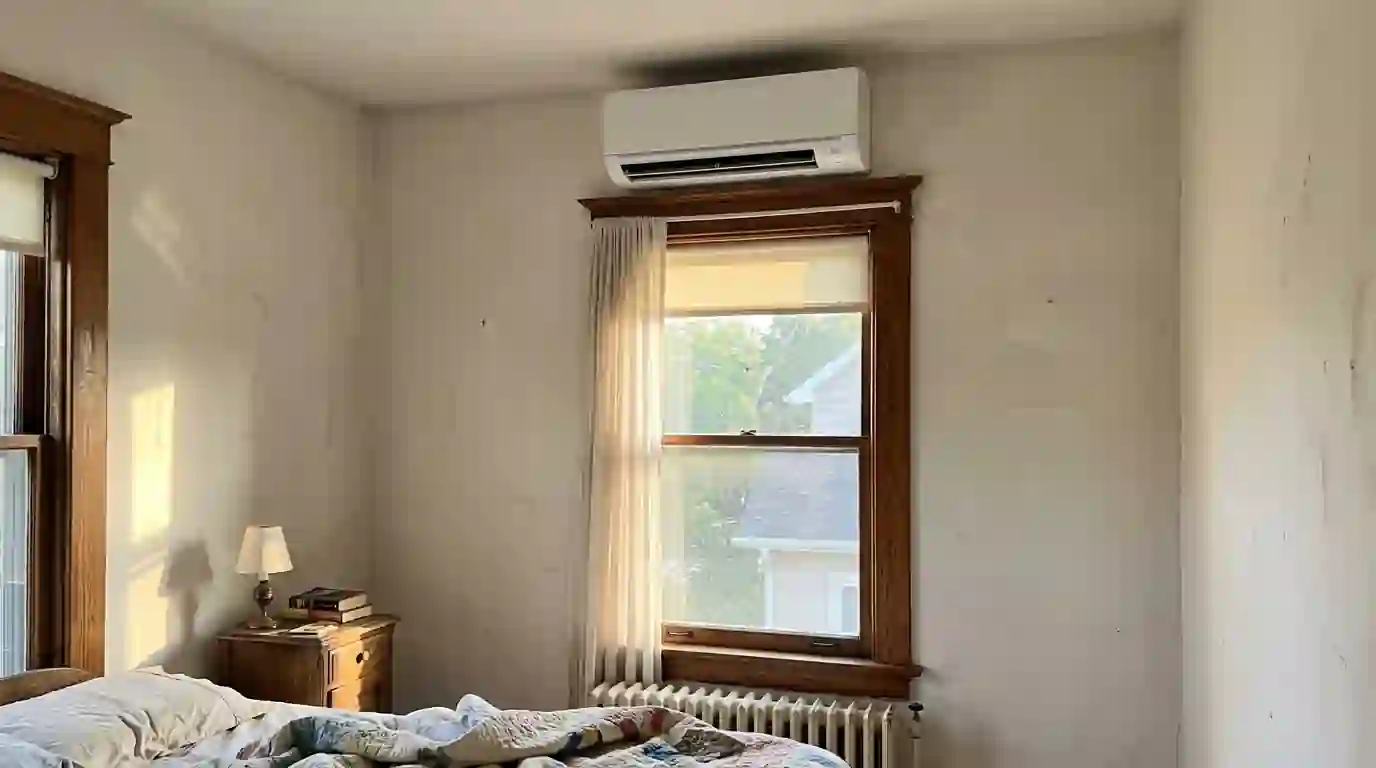 White wall-mounted ductless head above a window in an upstairs bedroom of a historic Fort Wayne home, plaster walls, wood trim, late afternoon sun.