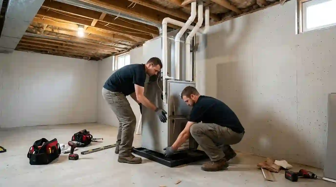 Two Landcons installers set a new high-efficiency gas furnace onto a level pad in a clean Fort Wayne basement, white PVC vent pipes rising toward the rim joist.