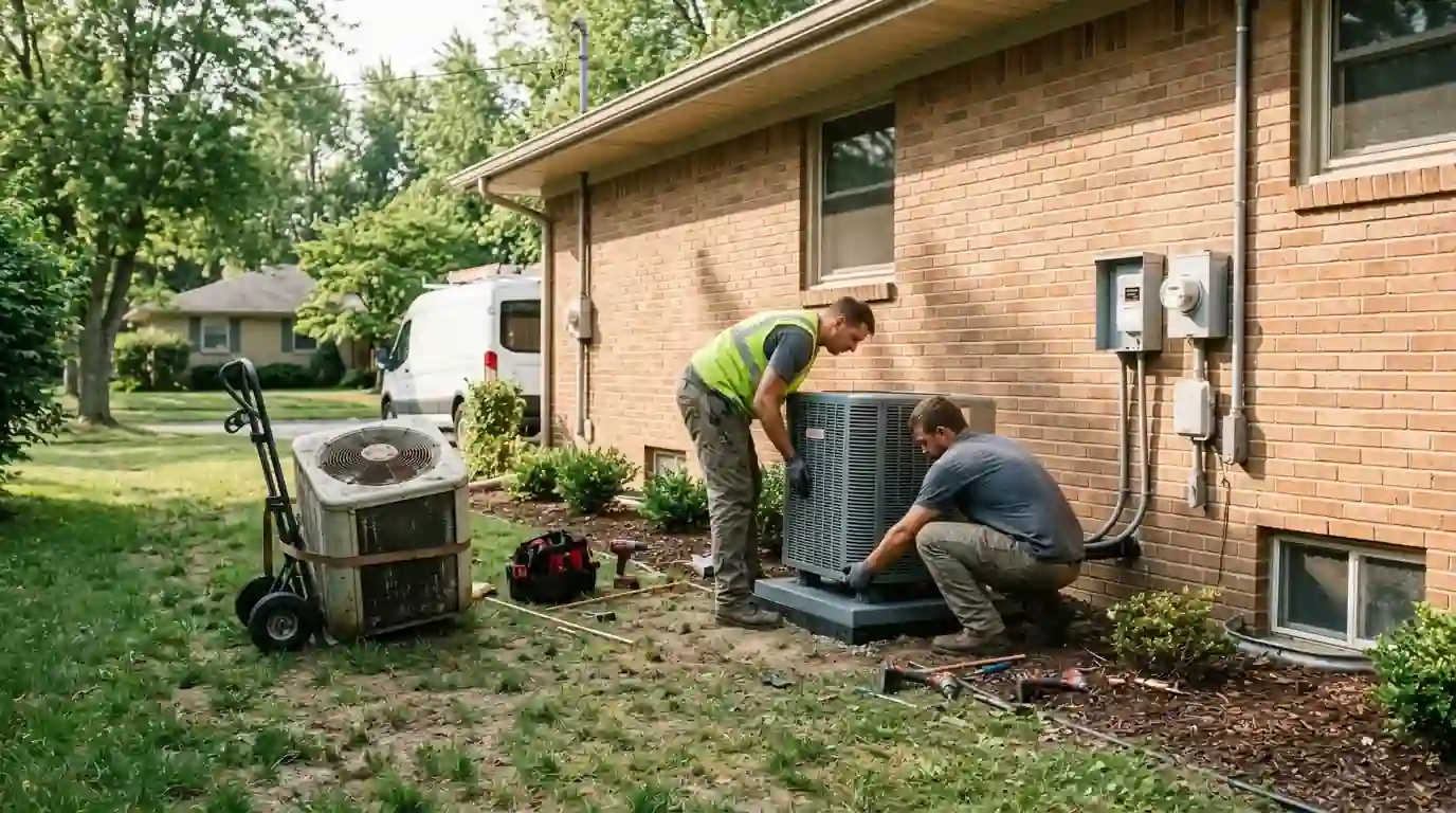 Landcons installers setting a new outdoor air conditioner on a level pad beside a brick Fort Wayne ranch home, sunny morning, old unit on a dolly nearby.