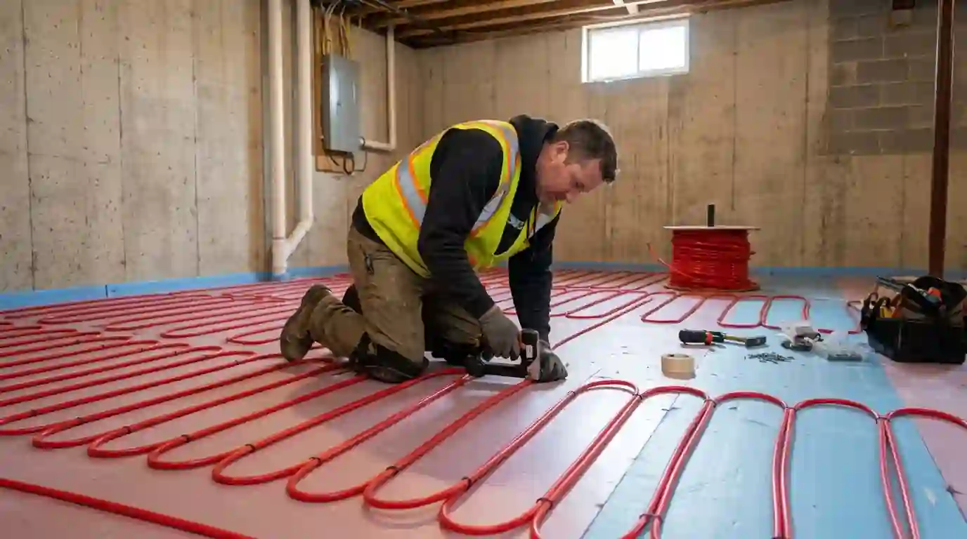 Landcons technician kneeling on rigid foam board in a Fort Wayne basement, laying red PEX tubing loops in neat rows, daylight from a small window, concrete walls behind.