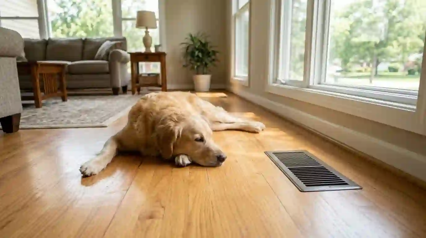 Dog resting on a clean hardwood floor in a bright Indiana living room near a floor return grille, late morning sun, no visible dust on furniture
