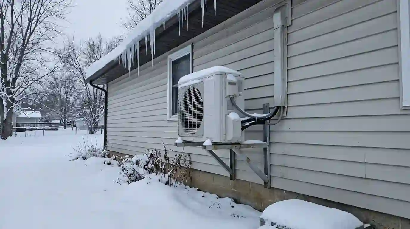 Outdoor mini-split unit on a raised wall bracket above snow beside an Indiana home, icicles on the gutter, gray winter morning light.